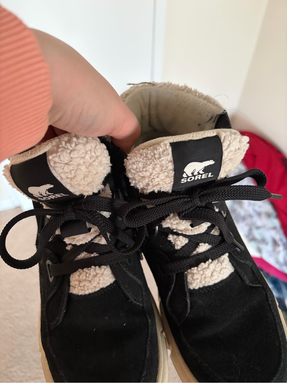 Sorel Black and Cream Shearling Lace-Up Boots